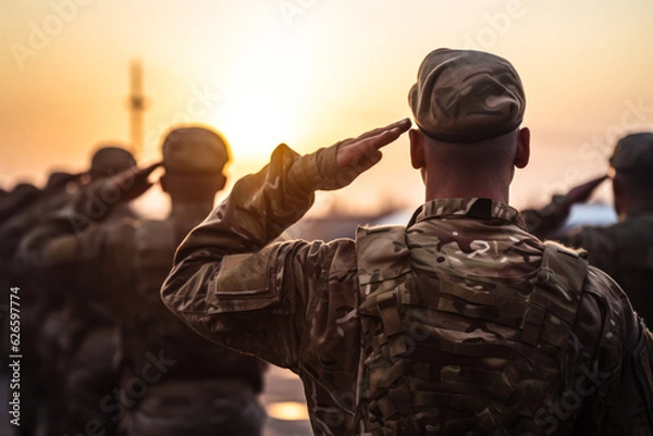 Fototapeta military salutes, soldiers are being trained generative ai