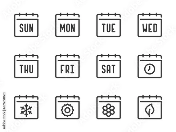 Fototapeta Days of the week and Seasons vector line icons. Calendar, Schedule, Date and Timetable outline icon set. Short names of days of the week from Sunday, Monday to Saturday.