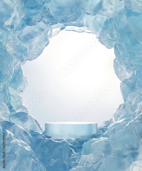 Fototapeta Abstact 3d render winter scene and Natural podium background, Ice podium on the ice mountain cave for product display, advertising, mockup or etc