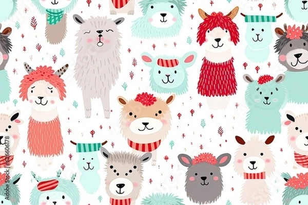 Fototapeta Mix lamas in Christmas cloth on white background, seamless pattern
