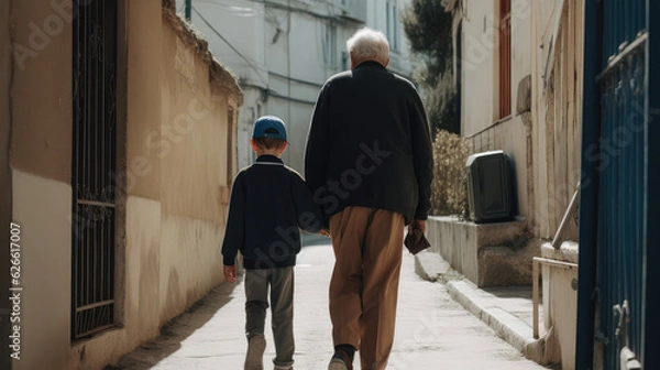 Fototapeta Grandpa as an old men walking beside a little boy on a street in a city.  Generative AI.