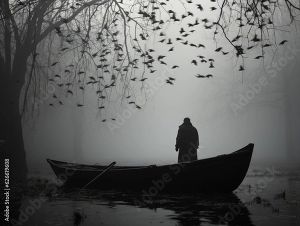 Fototapeta Whisps of Lost Souls Float Around, In the Style of Intimately Evocative Moody Fog, The Ferryman Standing on His Gondola, Minimalist, Serene. Generative AI..