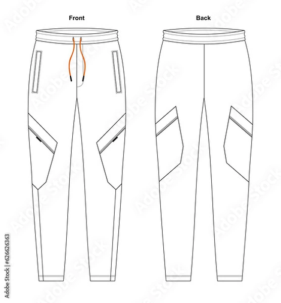 Obraz Technical Sketch Men and Boys Full Track Pant, pant outline design blank template, Full track pant, Front and Back template, Casual Style, Fashion Vector Illustration.