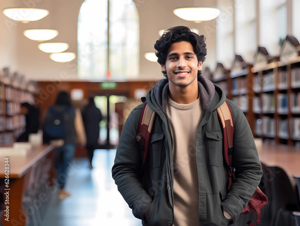 Fototapeta Young smiling Indian male student standing in university library with backpack