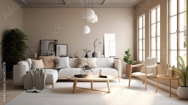 Fototapeta A Photo of Minimalist Scandinavian Style Living Room with Neutral Tones, created with Generative AI technology