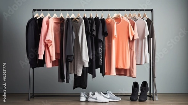 Fototapeta A collection of athletic wear and workout clothes on a clothing rack. created with Generative AI technology