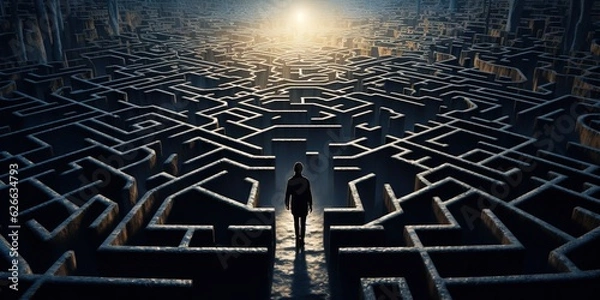 Fototapeta Man in surreal maze, facing labyrinth challenge, complex problem decision, strategy for success, concept of life obstacles and solutions