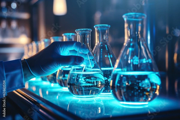 Obraz Naukowiec w laboratorium analizujący niebieską substancję w zlewkach, prowadzenie badań medycznych w odkryciu farmaceutycznym, rozwój biotechnologii w koncepcji opieki zdrowotnej, nauki i chemii