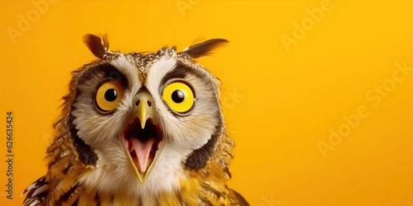 Obraz Studio portrait of surprised owl, isolated on yellow background