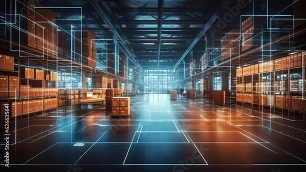 Obraz Futuristic digital warehouse using augmented reality: smart logistics, ecommerce and delivery concept in modern industry