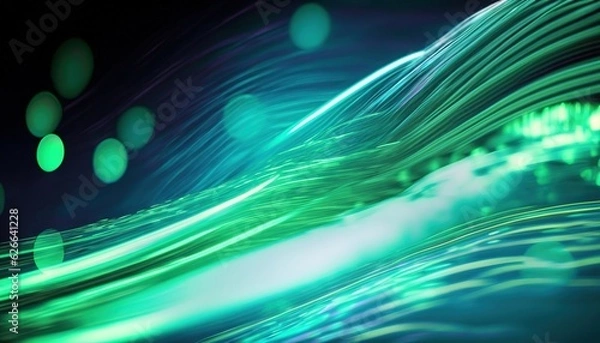 Fototapeta Neon fiber optic lines, green abstract texture background, abstract speed lines technology background