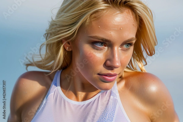 Fototapeta Runner woman, headshot, cleat background. Generative AI.. 