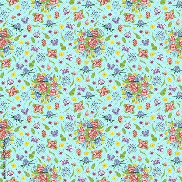 Fototapeta Seamless pattern with roses and wild flowers