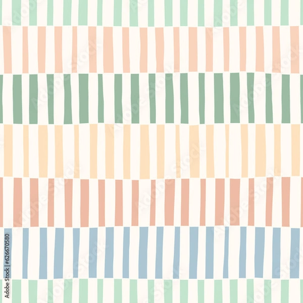 Obraz Hand-Drawn Blue, Green. Pink and White Geometric Stripes Vector Seamless Pattern. Modern Retro Palyful Print. Organic Square Shapes