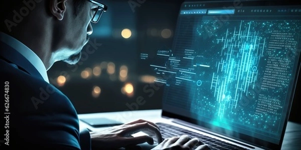 Obraz a businessman, delves into financial data on his laptop, showcasing the importance of digital tools in modern finance.