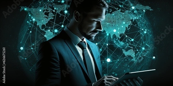 Obraz A businessman taps into global network connections using a digital tablet, with a world map backdrop emphasizing international reach.

