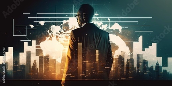 Obraz Businessman working on laptop with financial graphs, blending city view; concept of finance, investment, and forex trading