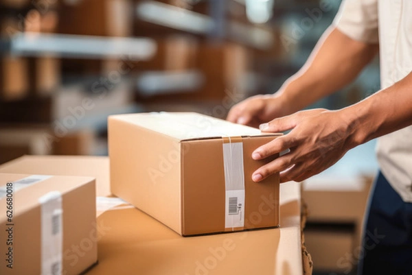 Fototapeta Closeup of a man's hands taping a cardboard box, preparing it for shipment in an e-commerce warehouse