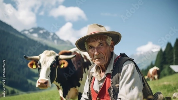 Fototapeta portrait of old swiss man in the alps wearing traditional swiss cultural clothing. beautiful scenic view on mountains, fieds and a village in the background. graubünden, switzerland. Generative AI