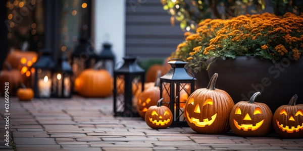 Obraz Lit Halloween pumpkins on front porch, exterior home decorations, seasonal decor