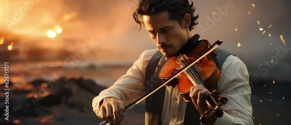Fototapeta This captivating image features a young man immersed in playing a violin. His outdoor attire and expressive face create an intense atmosphere against a dark backdrop.