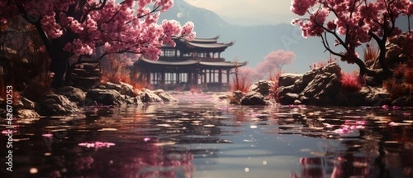 Fototapeta Serene Pagoda Reflection: Blossoming Pink Trees Bordering Still Waterway with Ancient Asian Structure
