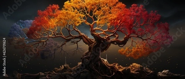 Fototapeta Seasons of Life Tree: A magnificent tree displays the cycle of seasons, symbolizing growth, change, and the beauty of life's transitions