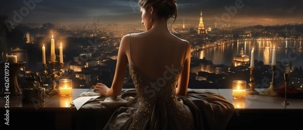 Fototapeta Elegant woman in a gown, back turned, gazing at cityscape at twilight with shimmering lights and historical landmarks, ambient candle glow.