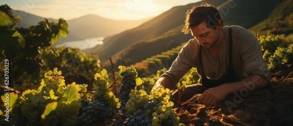 Fototapeta Man harvesting grapes at sunset in vineyard, with mountains and lake in background, agricultural worker in serene landscape.