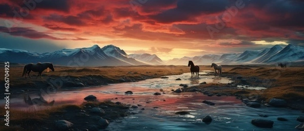 Fototapeta Dramatic twilight in rugged wilderness, wild horses wander near icy streams, snow-capped mountains under fiery sky.