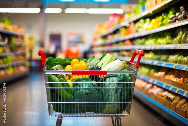Fototapeta Shopping cart with fresh produce and packaged goods on display aisle