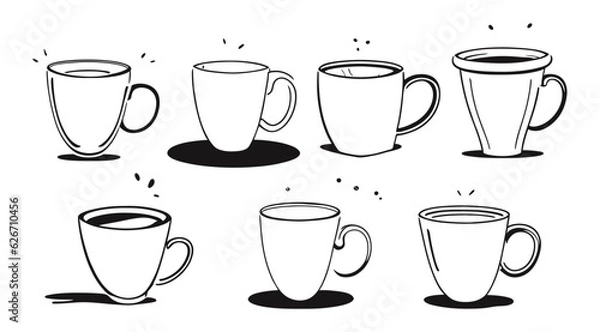 Obraz Tea or coffee cup vector doodle hand drawn line set.