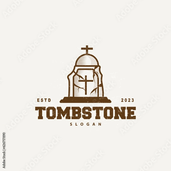 Fototapeta Tombstone Logo, Tomb Cemetery Cross, Vector Vintage Label, Retro Badge, Inspirational Design