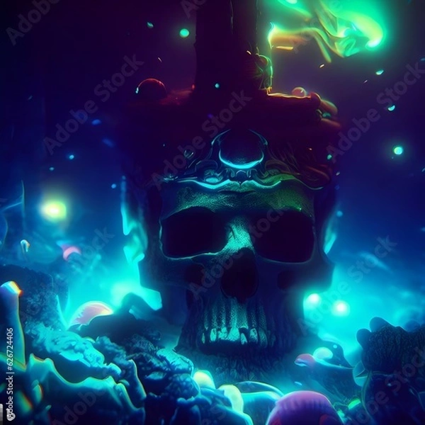 Fototapeta A mysterious and ancient skull submerged underwater in the depths of a bioluminescent abyss, Hypnotic, Dark Fantasy Generative AI
