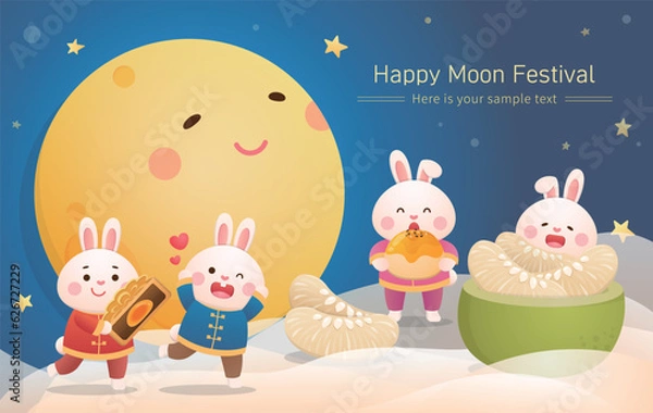 Obraz Mid-autumn festival poster, cute and playful rabbit mascot with moon and moon cake and pomelo