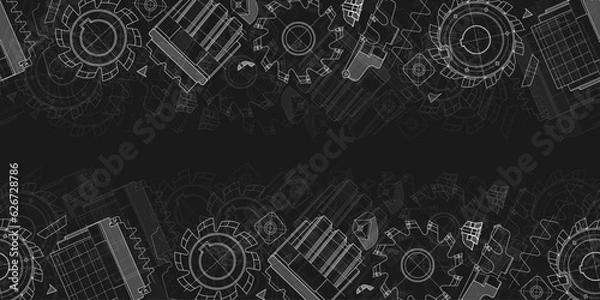Fototapeta Mechanical engineering drawings on black background. Cutting tools, milling cutter. Technical Design. Cover. Blueprint. Seamless pattern. Vector illustration.