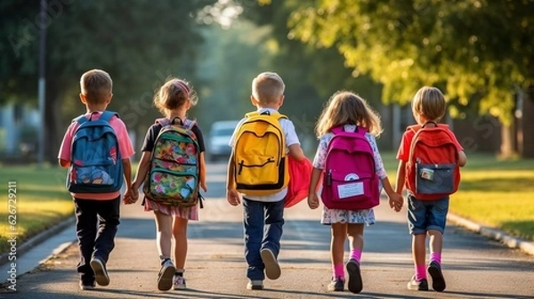 Fototapeta Group of young children walking together in friendship, embodying the back-to-school concept on their first day of school, generative ai