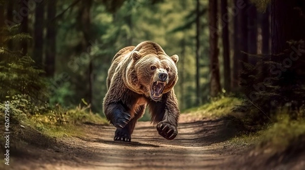Fototapeta angry running grizzly bear in the forest, made with Generative AI