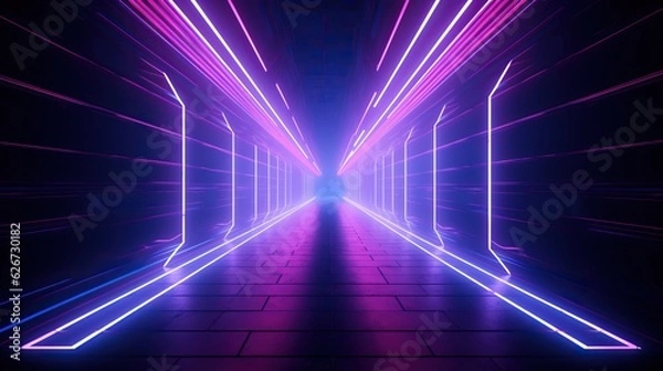 Fototapeta eon light tunnel with red and neon rainbow lights, in the style of rustic futurism, violet and aquamarine, high-angle, vintage aesthetics, poster, unreal engine 5, large canvas format