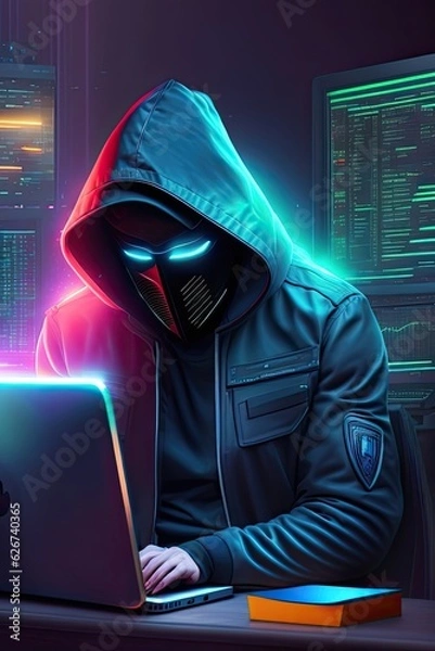 Fototapeta hacker hooded with network system with a computer, hacking cybersecurity, cybercrime, cyberattack, reworked and enhanced ai generated