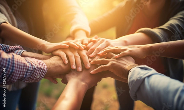Obraz portrays a diverse group of volunteers joining hands in unity