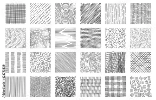 Fototapeta Hand drawn hatching. Hatched squaresdrawing technic, geometric shapes crosshatch strokes, simple doodle sketch design elements. Vector isolated set