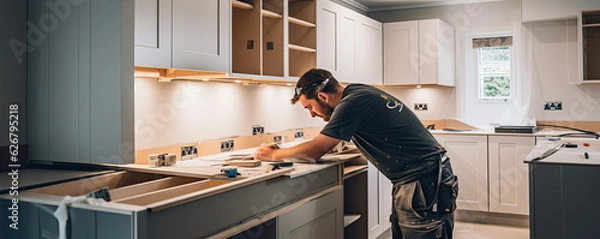 Obraz Worker or carpenter installing new modern kitchen.