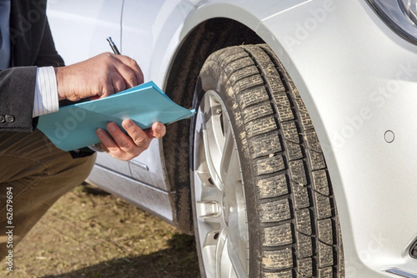 Obraz Mężczyzna z blokiem papierowym klęcząc na oponach samochodowych