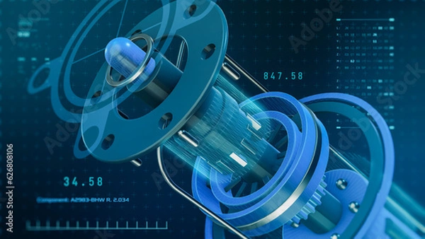 Obraz Cad futuristic interface, computer aided design concept, mechanical prototype project, engineering computer drawing close-up view (3d render)