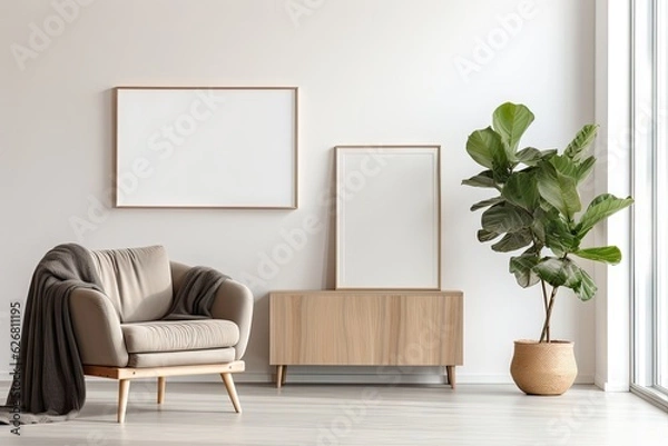 Fototapeta Modern scandinavian home interior with mock up photo  Generative AI