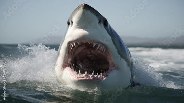 Fototapeta White shark with wide open moth. Generative AI.