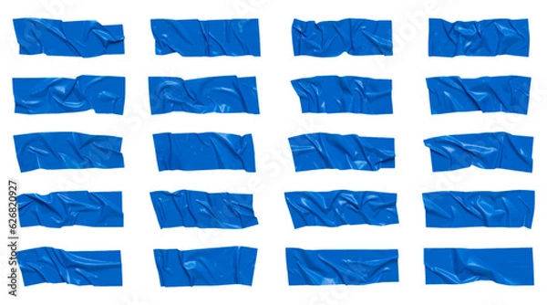 Fototapeta Blue wrinkled adhesive tape isolated on white background. Blue Sticky scotch tape of different sizes. Vector illustration.