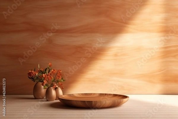 Fototapeta Empty table in with natural cream texture wal. Interior background for presentation.