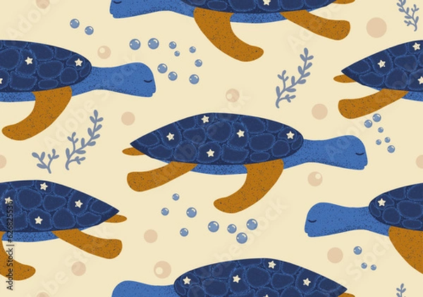 Fototapeta Sea turtle vector pattern with beautiful detail, modern vintage look